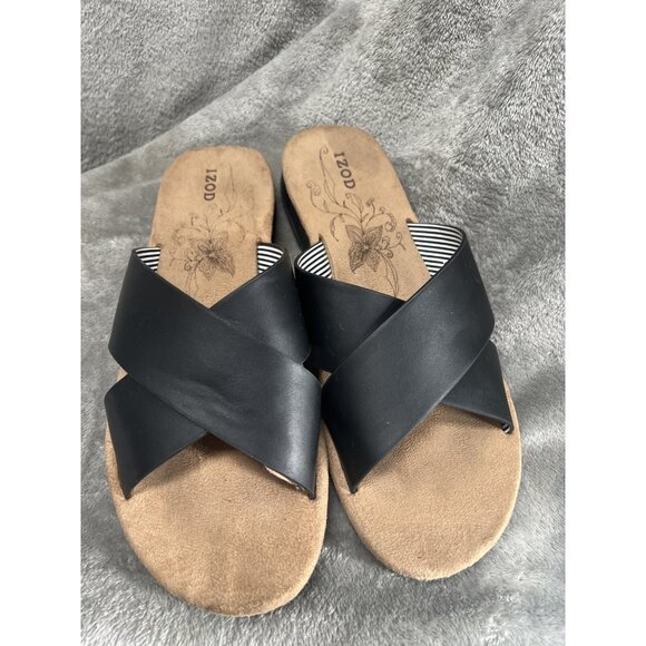 IZOD Women's 8 Alyssa Black Cross Wide Strap Slide Slip On Sandals Classic - Picture 6 of 8